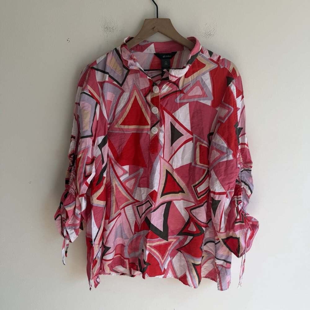 Ali Miles Abstract Print Wire Collar Blouse Pink Size 1X Plus Art To Wear Artsy
